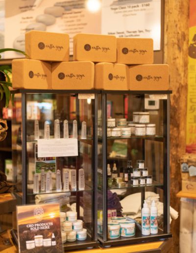 Shelves stocked with organic CBD skincare products.