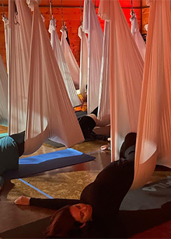 Yoga students using aerial silk hammocks.