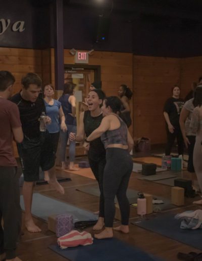 Socializing after a group yoga class.